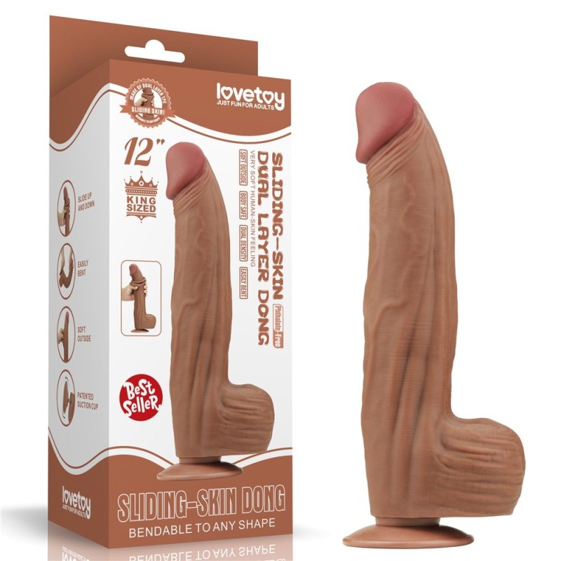 Lovetoy 12" Sliding Skin Dildo - Brown